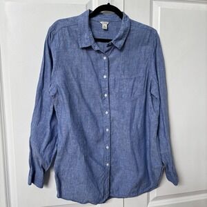 L.L. Bean Linen Shirt Womens XL Blue Chambray Vacation Resortwear Long Sleeve